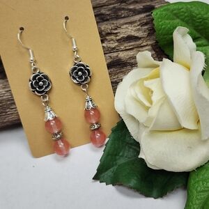 Hand Crafted Dangle Earrings With Pink Glass Beads And Silver Toned Roseettes